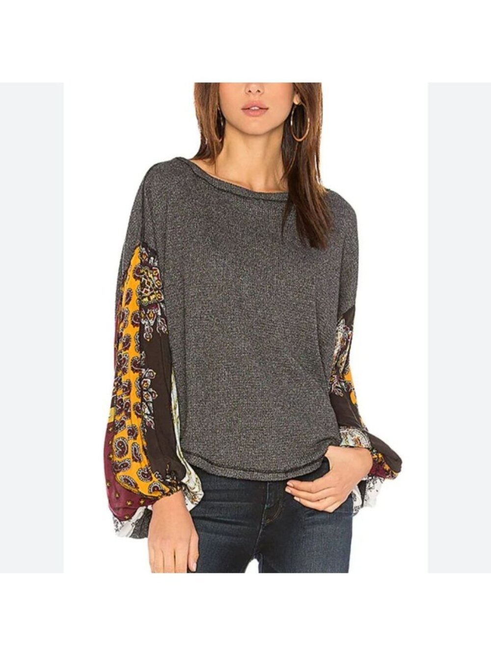 Free People Top Small Gray Thermal Waffle Knit Scarf Sleeves Oversized Boho